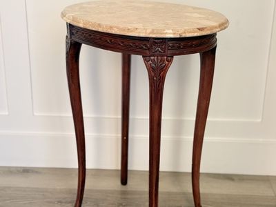PettitVintage Oval Wood and Marble Top Accent Table with Carved Details 18.5x14.5x24"Tall