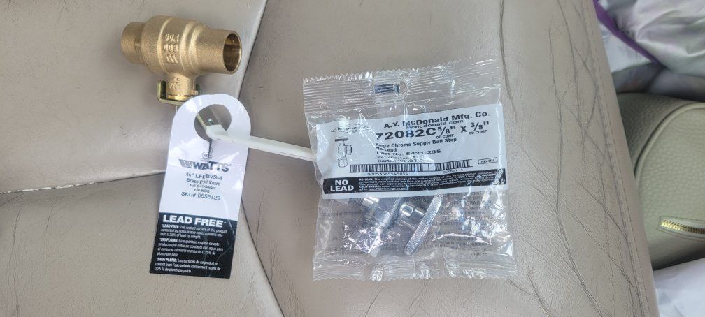 Watts 3/4" Brass Ball Valve & A.Y. McDonald 5/8" x 3/8" Angle Chrome Supply Ball Stop