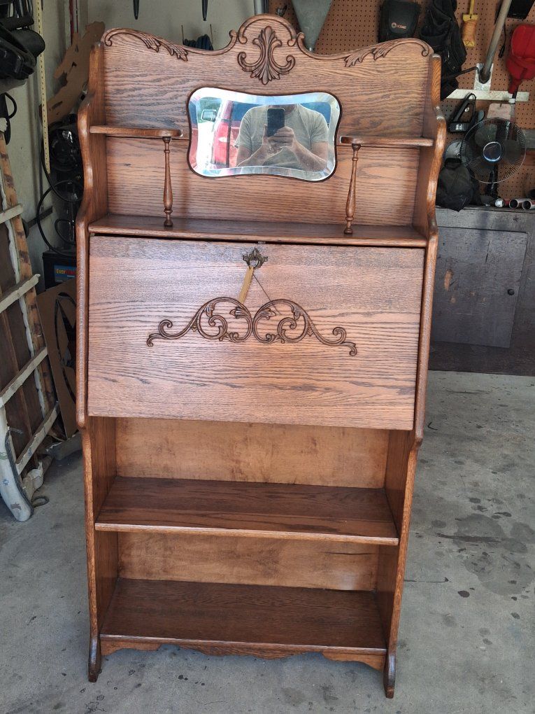 Antique Oak Drop-Front Secretary Desk with Hutch, Mirror, and Cubbies