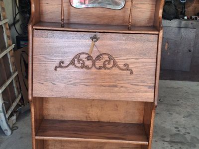 Antique Oak Drop-Front Secretary Desk with Hutch, Mirror, and Cubbies