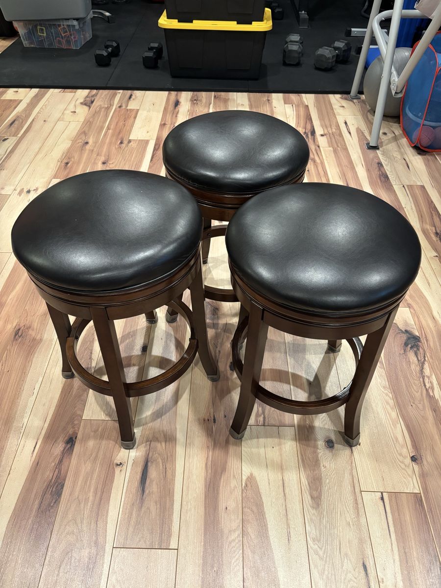 Set of 3 Wood & Leather Swivel Bar Stools - Dark Wood Finish, Black Leather Seat