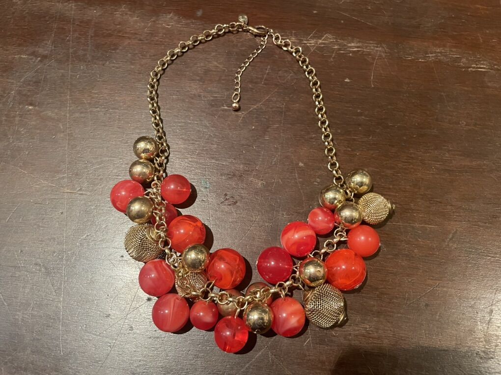 Chunky Red & Gold Tone Beaded Necklace