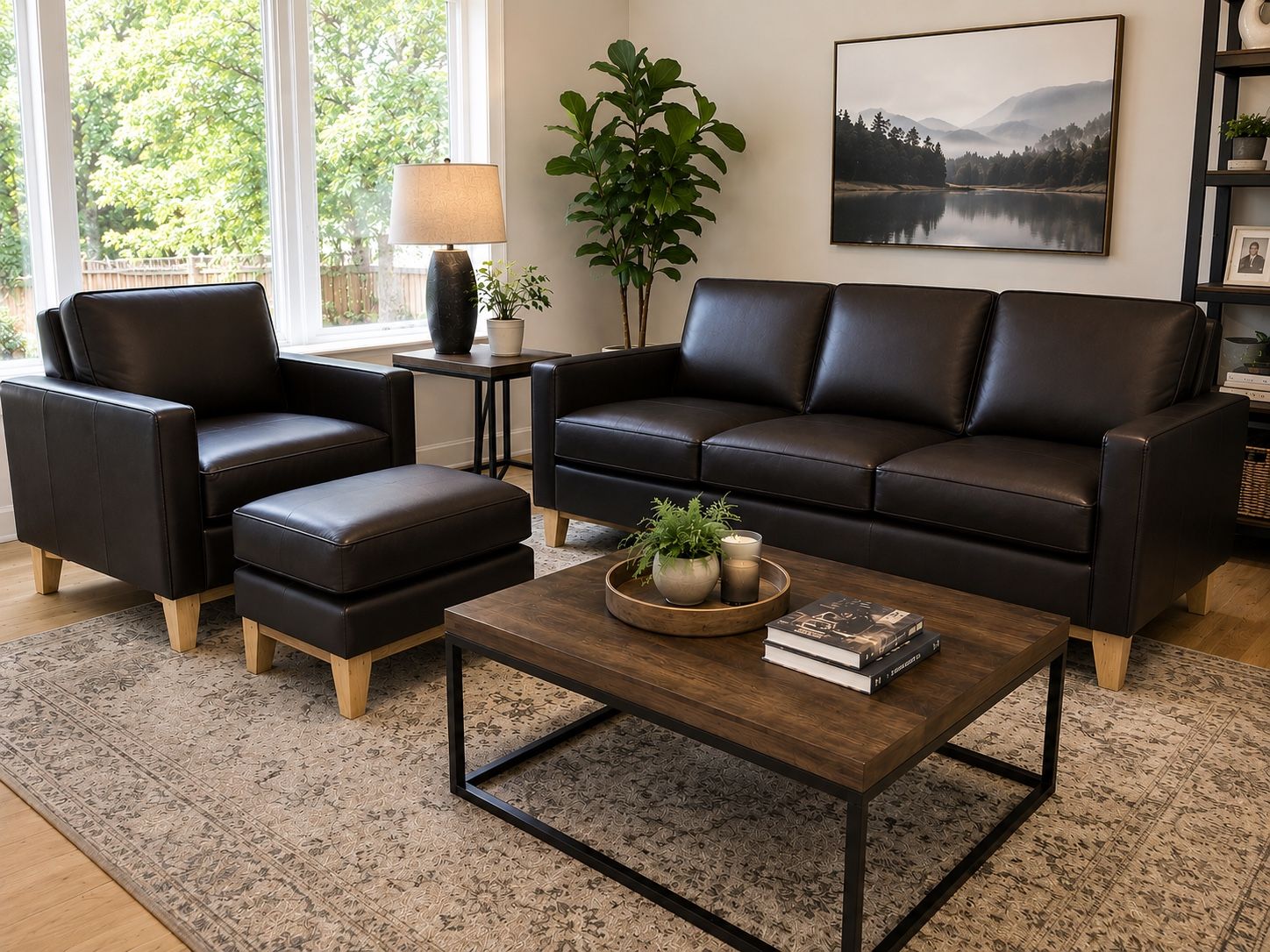 Modern Leather Sofa + Chair & Ottoman – Like New