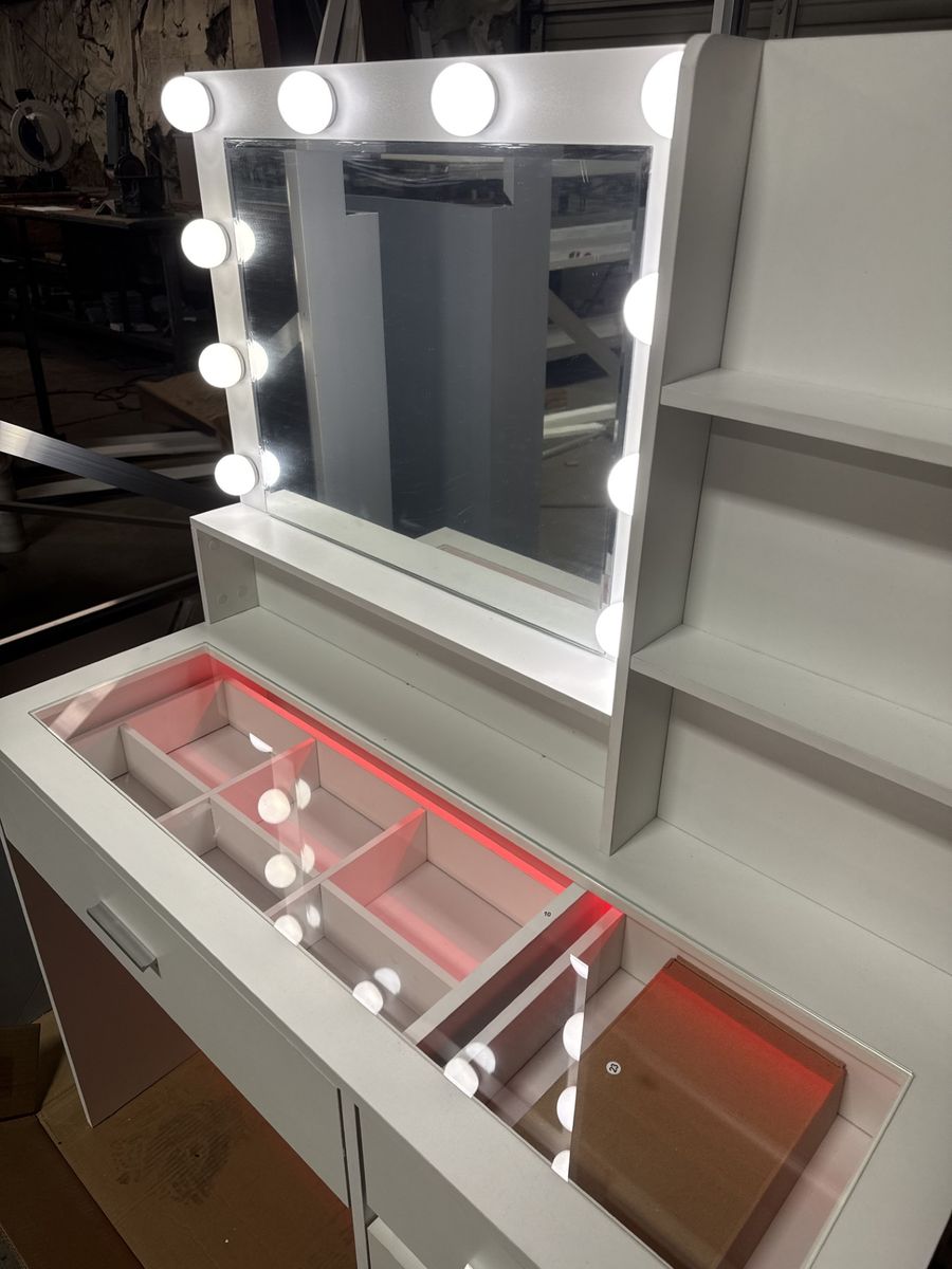 White Vanity Desk with Mirror and Lights
