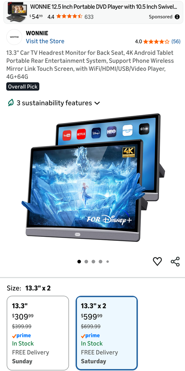 13.3" Car TV for Back Seat, 4K Android Headrest Monitor for Car, 4G+64G Portable Rear Entertainment