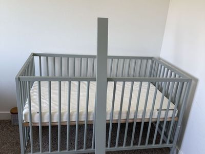 Gray Wooden Baby Crib with Mattress