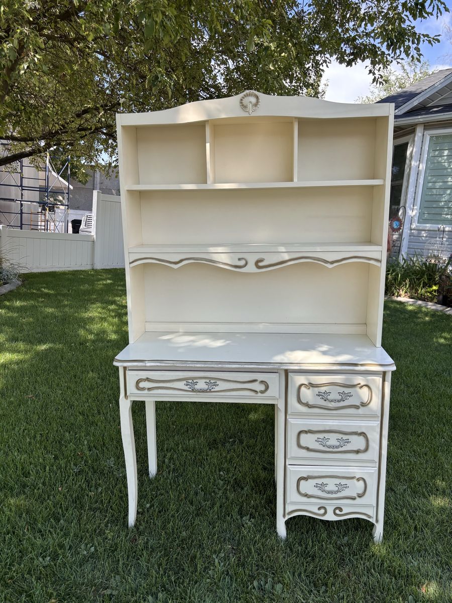 Darling Vintage Mid Century French Provincial Desk With Hutch