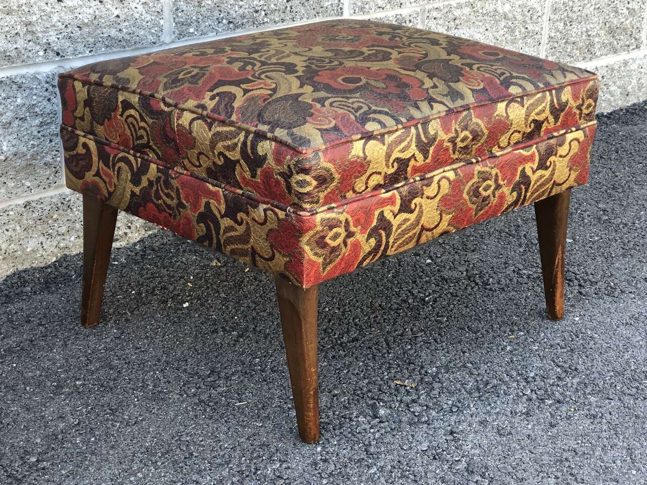Vintage mid century modern ottoman, footstool vanity bench. Gorgeous legs and fab upholstery! Danish MCM styling