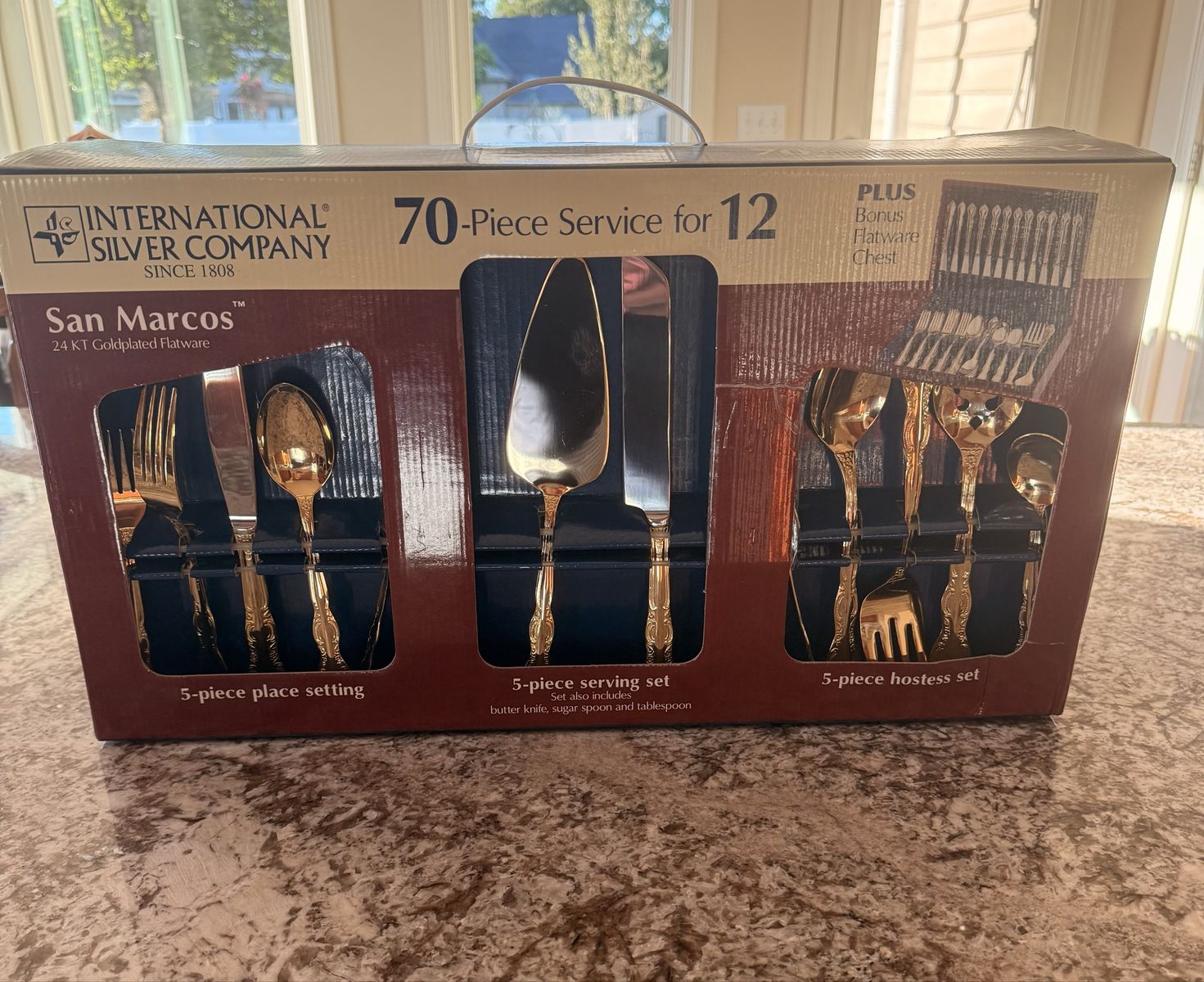 International Silver Company San Marcos 70-Piece 24K Gold-Plated Flatware Set for 12 with Bonus Chest