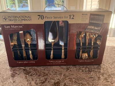 International Silver Company San Marcos 70-Piece 24K Gold-Plated Flatware Set for 12 with Bonus Chest