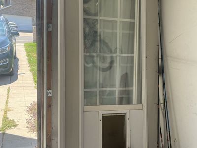 White Exterior Glass Door with Built-In Pet Door (79.5" x 33.5")