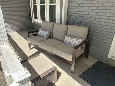 Outdoor Patio Furniture Set - Sofa, 2 Armchairs & Coffee Table with Cushions, Grey/Brown
