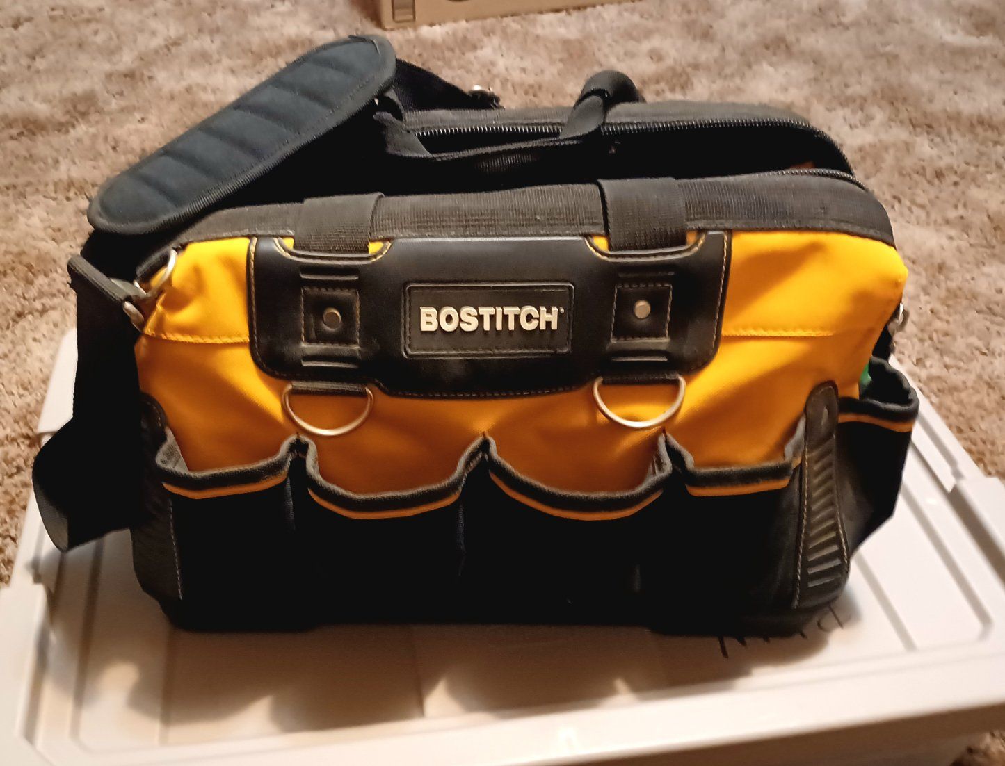 BOSTITCH Heavy Duty Tool Bag - Yellow & Black with Shoulder Strap & Multiple Pockets