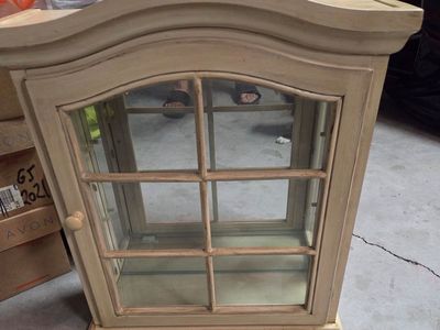 Vintage Cream Tabletop/Wall Mount Curio Cabinet - 2 Glass Shelves, 23" H x 20" W x 6" D