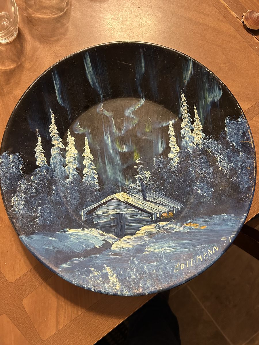 Hand-Painted Cabin & Northern Lights Decorative Plate - Signed Hoffmann '71 - Vintage Art