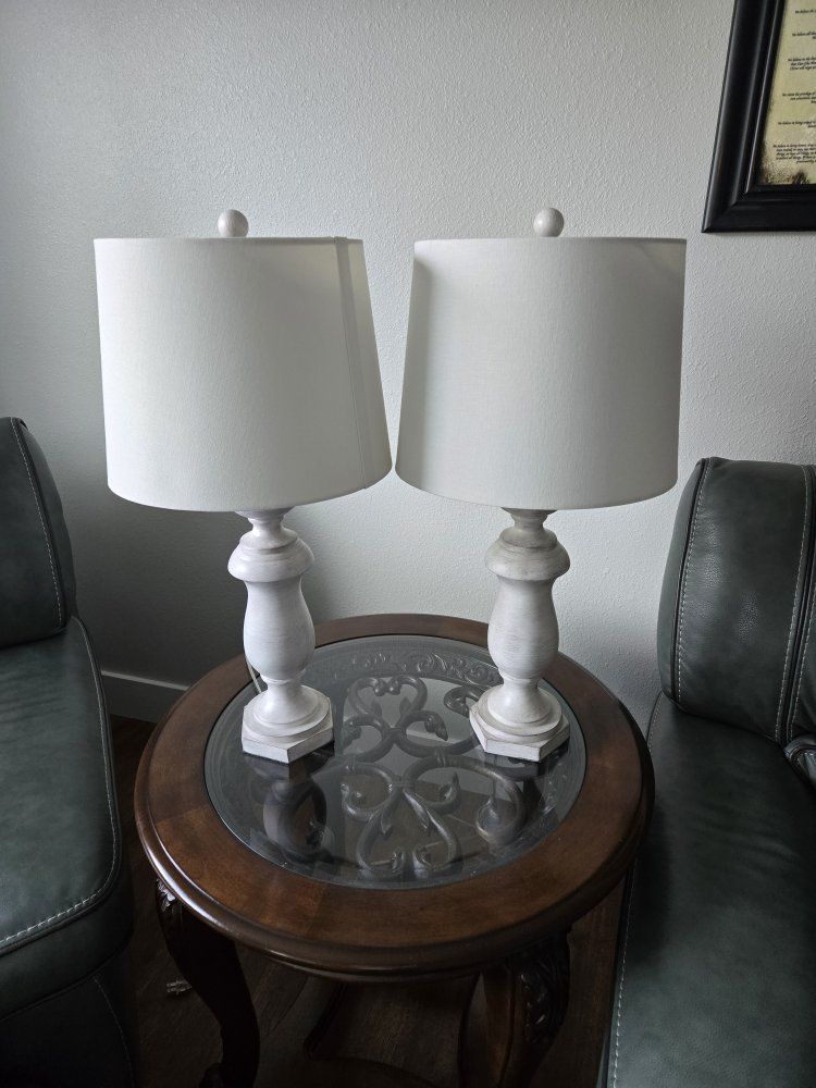 Set of 2 Distressed White Wood Table Lamps with Shades