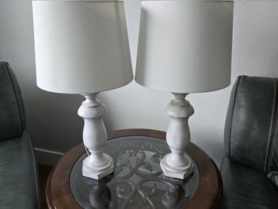 Set of 2 Distressed White Wood Table Lamps with Shades