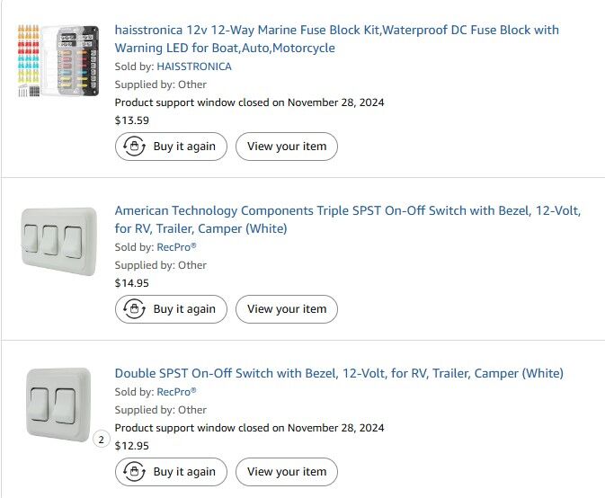 RV Roof Vents, Fuse Box, Vent Screen, Wall Switches