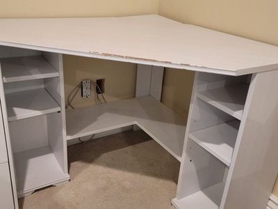 White Corner Computer Desk with Storage Shelves
