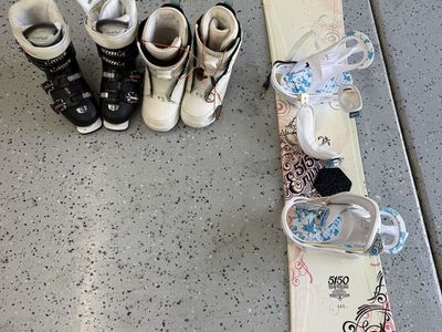 Snowboard, snowboard boots, ski boots Sold Together