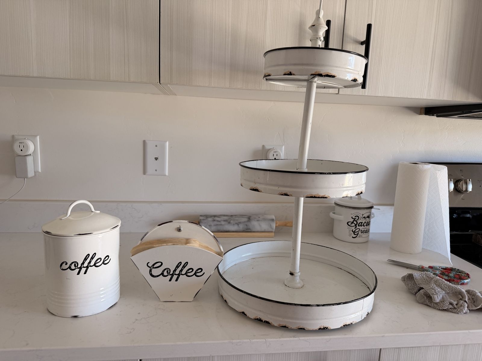 Rustic Farmhouse White Enamel Tiered Tray Coffee Canister Coffee Filter Holder Set