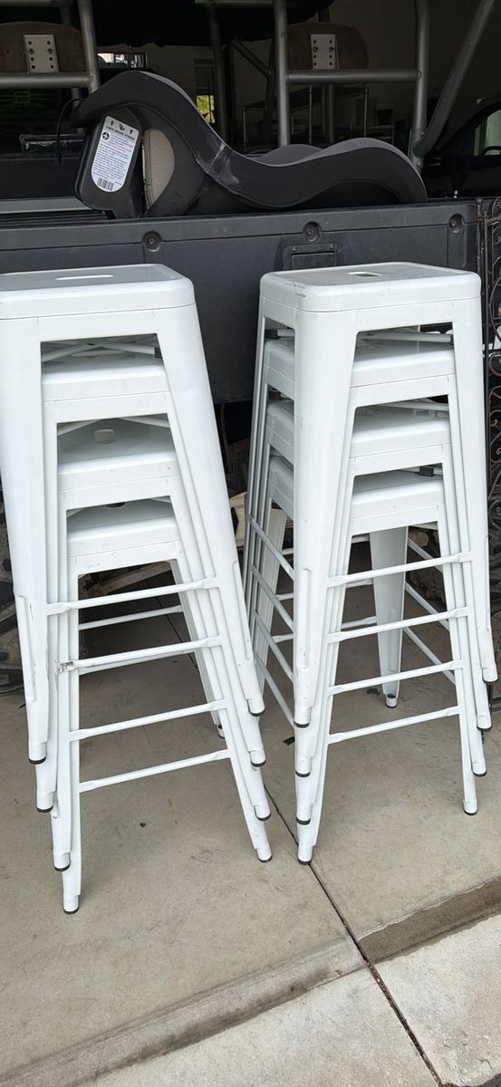 Set of  8 White Metal Bar Stools - Stackable Industrial Design - Used