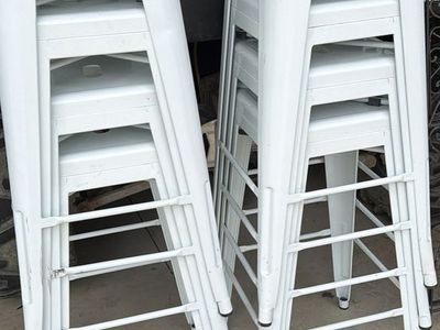 Set of 8 White Metal Bar Stools - Stackable Industrial Design - Used