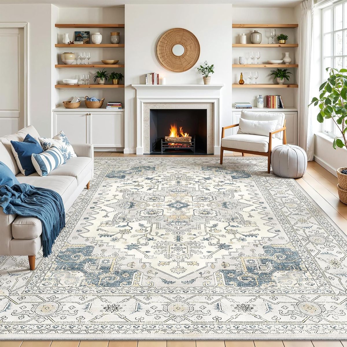NEW 8x10 Blue & Ivory Area Rug, Stain Resistant Neutral Washable Medallion
