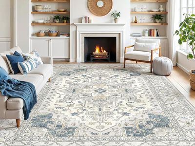 NEW 8x10 Blue & Ivory Area Rug, Stain Resistant Neutral Washable Medallion