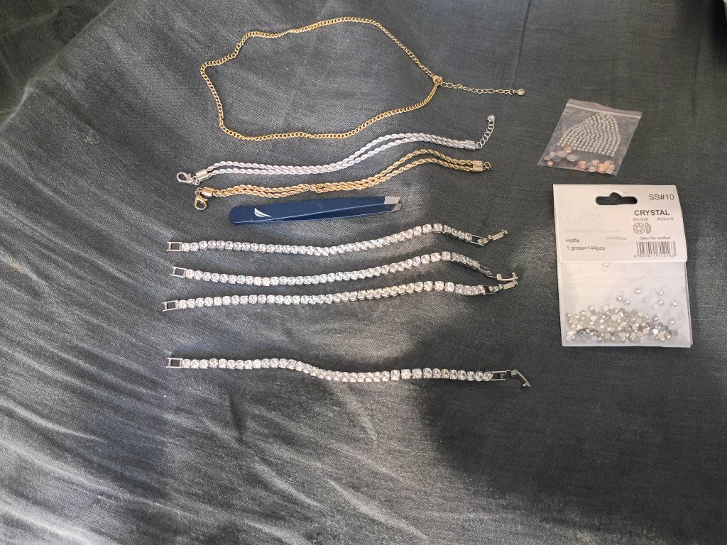 Costume Jewelry: Gold/Silver Chains, Bracelets, Crystal Rhinestones, & Tweezers