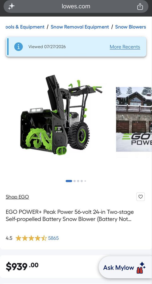 EGO POWER+ Peak Power 56V 24-inch Two-Stage Self-Propelled Battery Snow Blower SNT2400