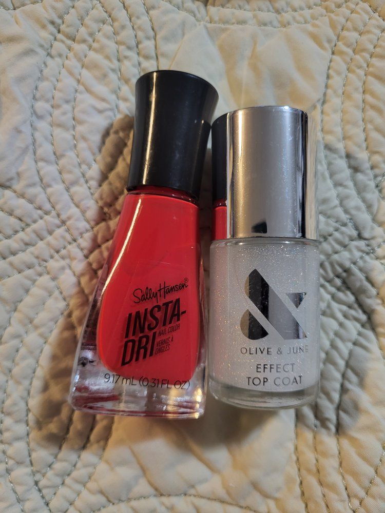 quick dry nail polish and a glittery top coat