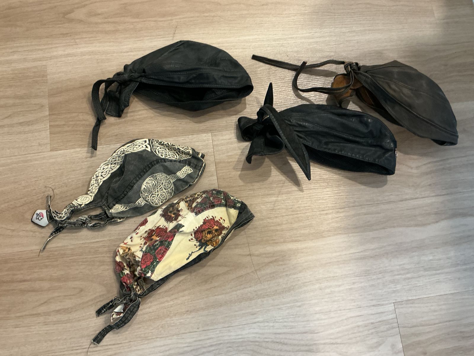 Used Do-Rags / Headwraps - 5 Pieces, Black Leather & Printed Cotton for Motorcycle Riders