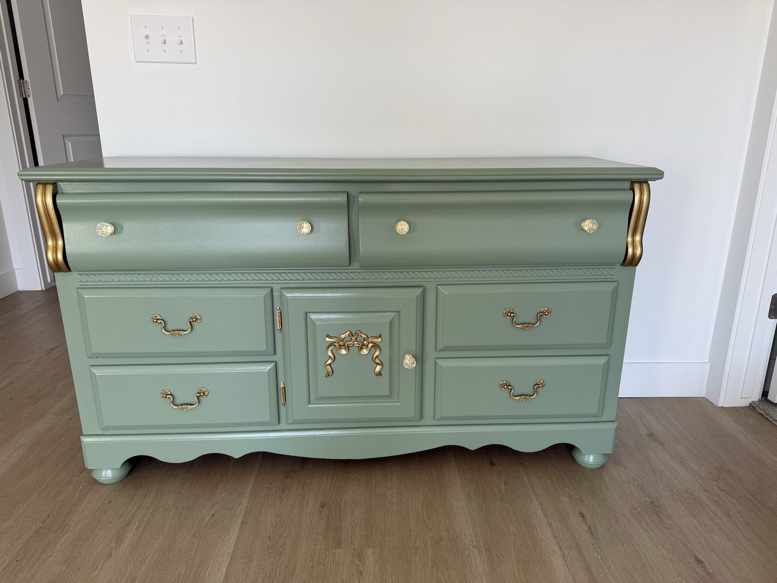 Sage Green and Gold Dresser with Mirror