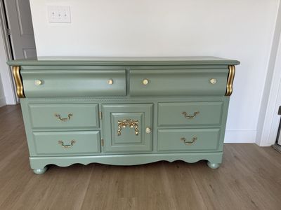 Sage Green and Gold Dresser with Mirror