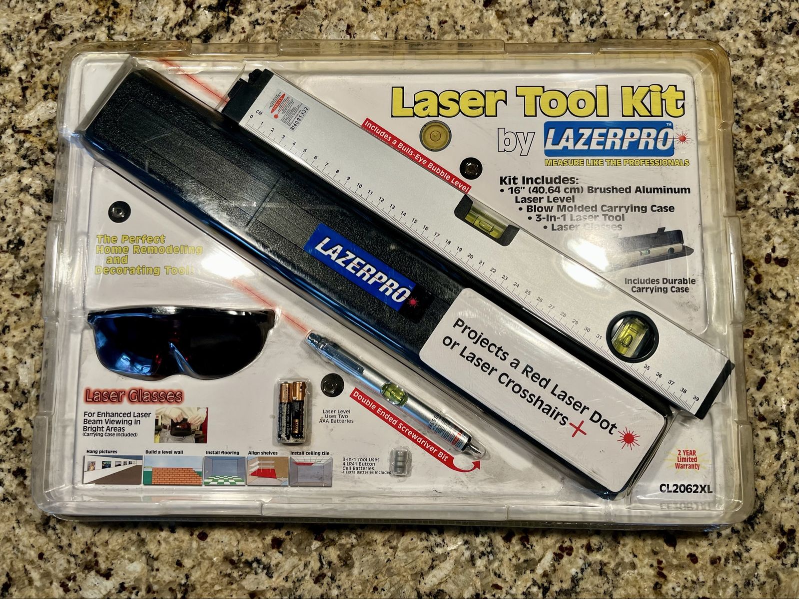LAZERPRO CL2062XL Laser Tool Kit: 16" Aluminum Level, 3-in-1 Laser, Glasses & Case