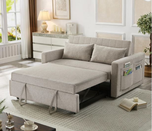 NEW & ASSEMBLED! Convertible Sofa Bed, Pull Out Sleeper Sofa Bed, Loveseat Couch w/Side Pocket – Light Gray
