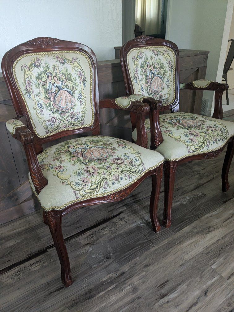 Antique French Tapestry and Hand Carved Chairs