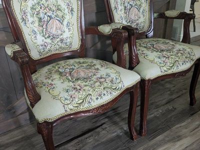 Antique French Tapestry and Hand Carved Chairs