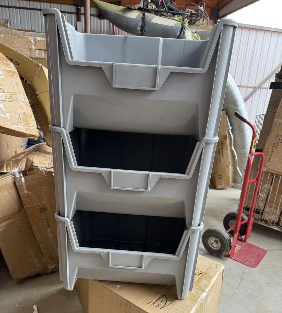 New 3pk Stackable Hopper Storage Totes Bins