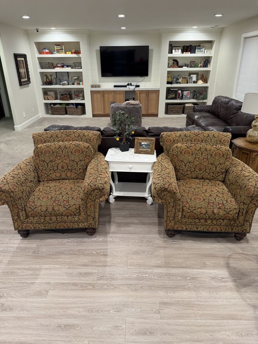 Pair of Patterned Fabric Armchairs with Roll Arms