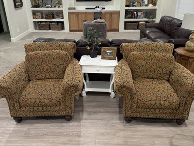 Pair of Patterned Fabric Armchairs with Roll Arms