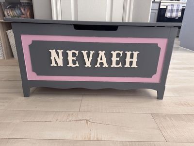 Custom Painted Wooden Toy Box Chest with Name Nevaeh Gray Pink - can remove name glued on.