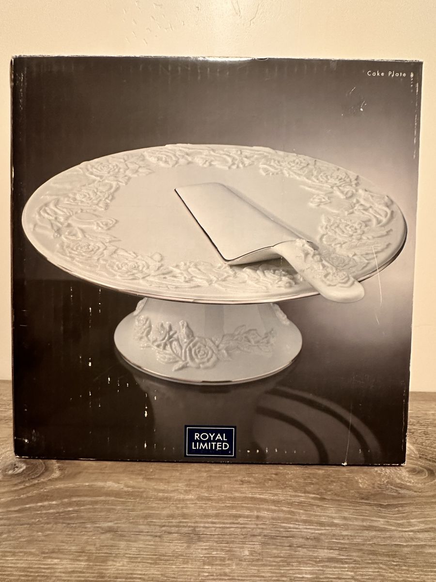 Ivory Porcelain Pedestal Cake Server Plate Rose Design Platinum Trim