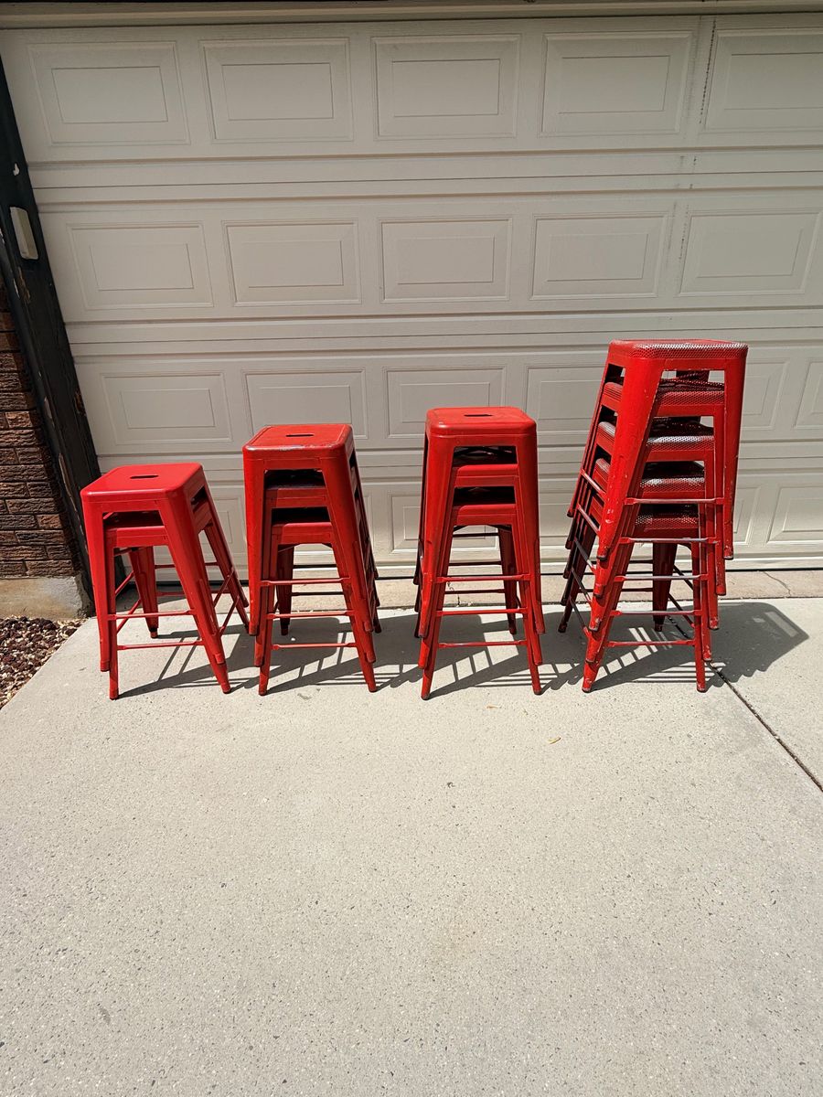 13 Industrial Red Metal Bar Stools – Restaurant / Workshop / Patio Seating