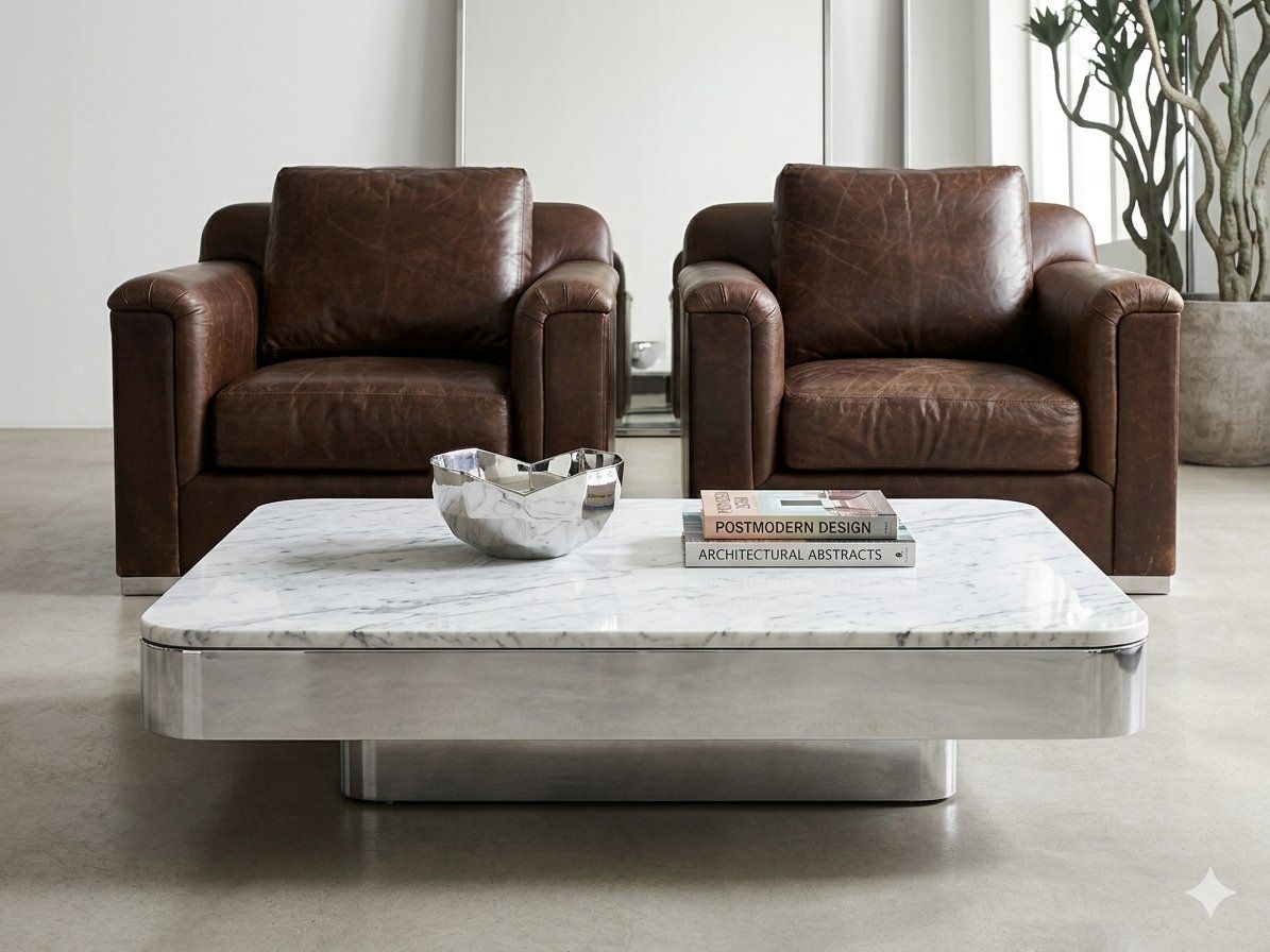 Pair of Vintage Directional Leather Club Chairs with Chrome Plinth Bases – Postmodern / MCM
