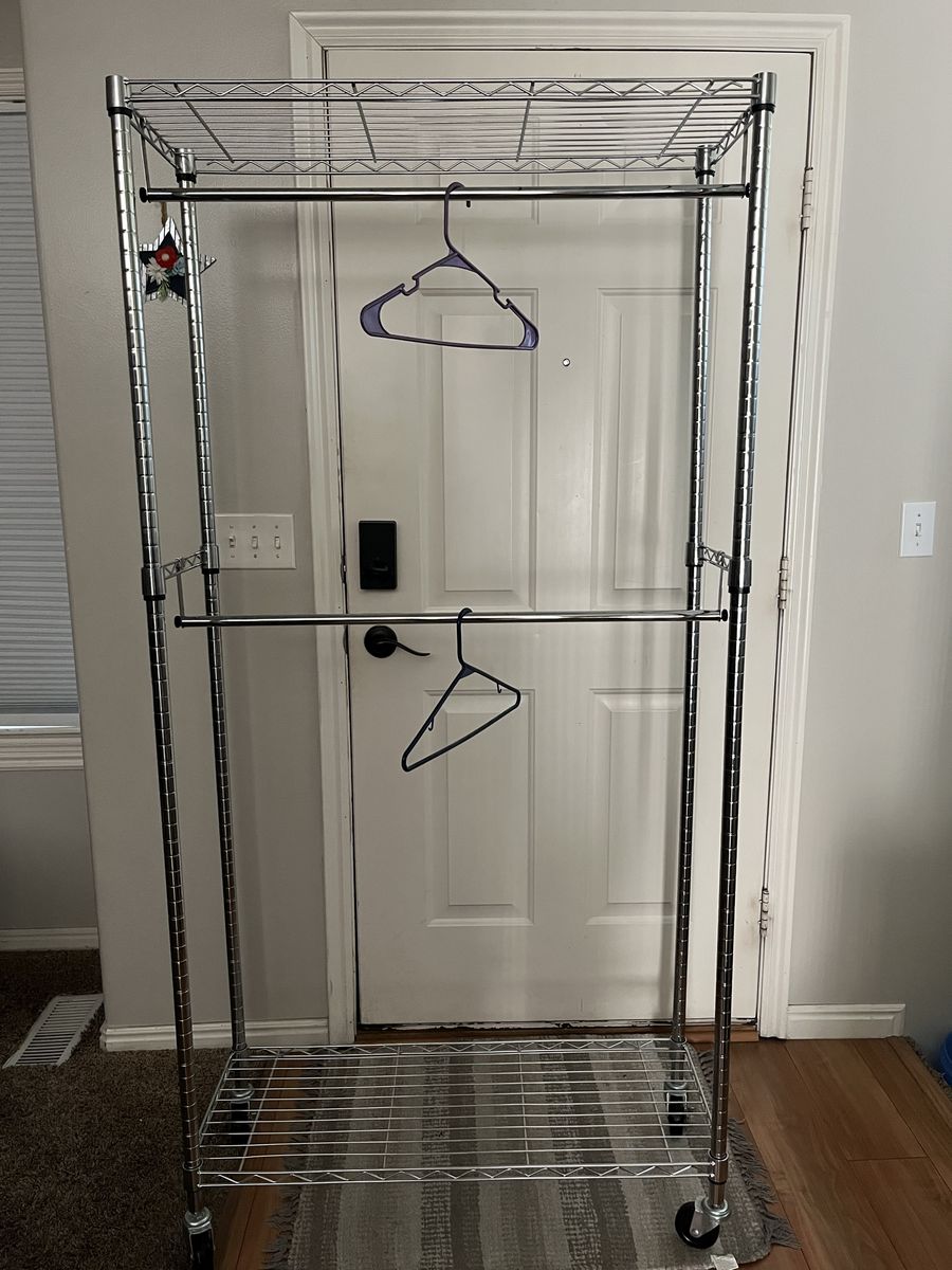 Chrome Garment Rack w/ 2 Hanging Rods & Shelves - Heavy Duty, Rolling Storage