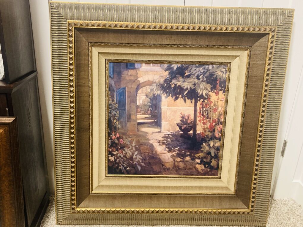 Beautiful framed Tuscan courtyard scene 42” x 42”