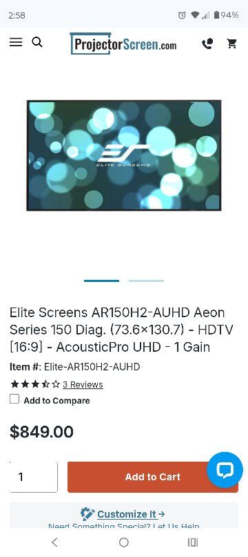 Elite Screens 150" projector screen READ AD