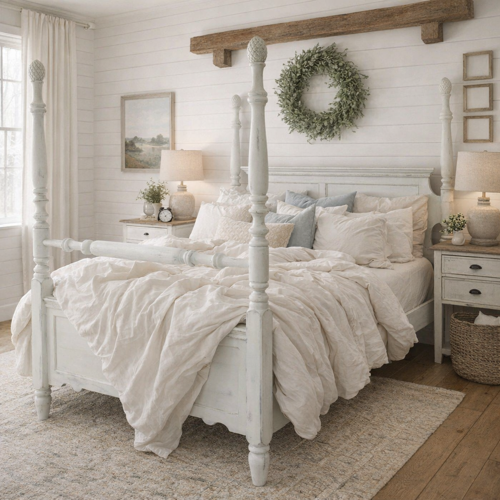 Parisian 4 Poster Queen Bed Frame Cottagecore Shabby Chic White French Country Farmhouse